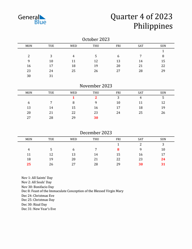 Quarter 4 2023 Philippines Quarterly Calendar