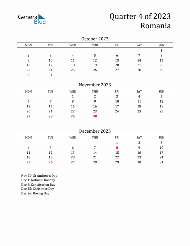 Quarter 4 2023 Romania Quarterly Calendar