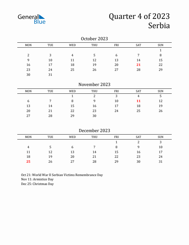 Quarter 4 2023 Serbia Quarterly Calendar