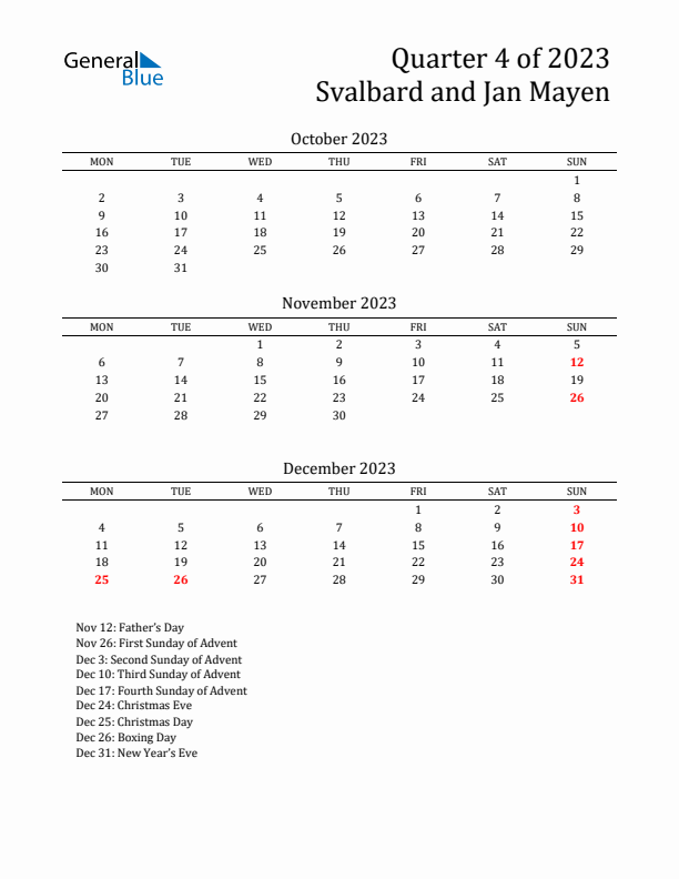 Quarter 4 2023 Svalbard and Jan Mayen Quarterly Calendar