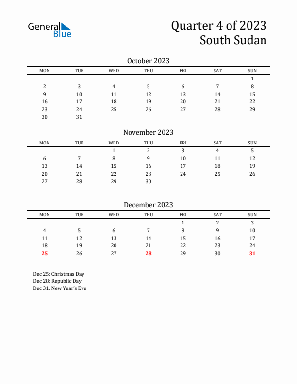 Quarter 4 2023 South Sudan Quarterly Calendar