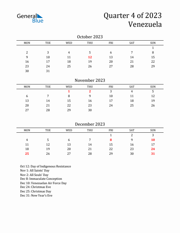 Quarter 4 2023 Venezuela Quarterly Calendar