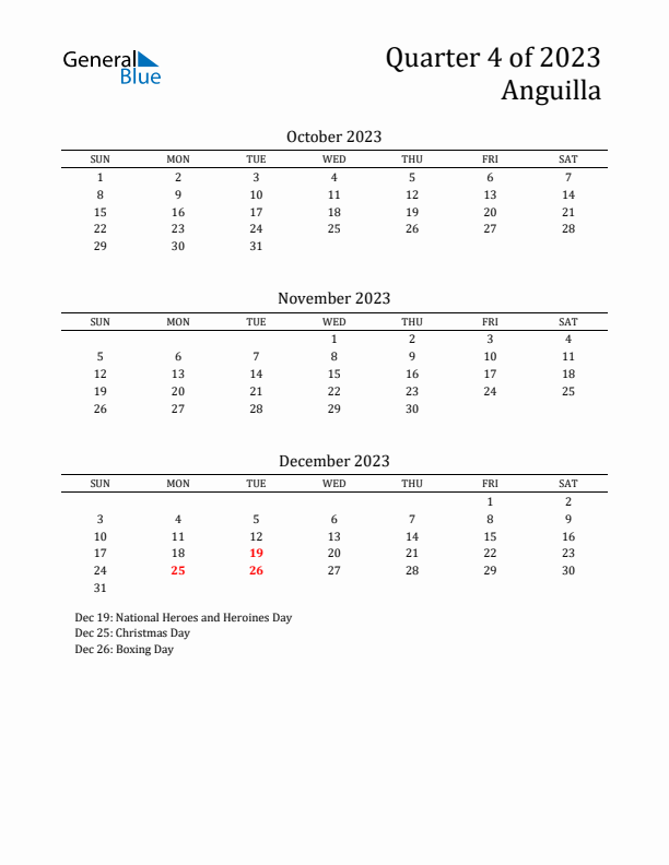 Quarter 4 2023 Anguilla Quarterly Calendar