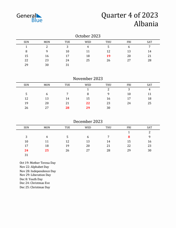 Quarter 4 2023 Albania Quarterly Calendar