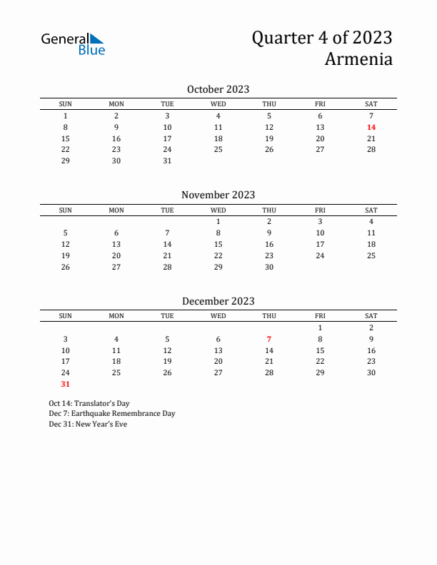 Quarter 4 2023 Armenia Quarterly Calendar