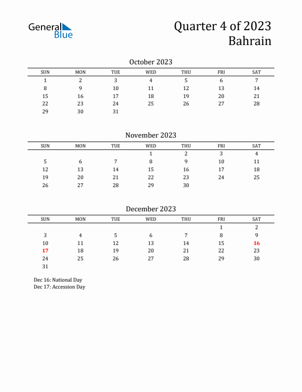 Quarter 4 2023 Bahrain Quarterly Calendar