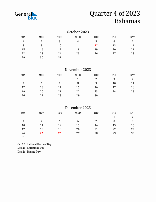 Quarter 4 2023 Bahamas Quarterly Calendar