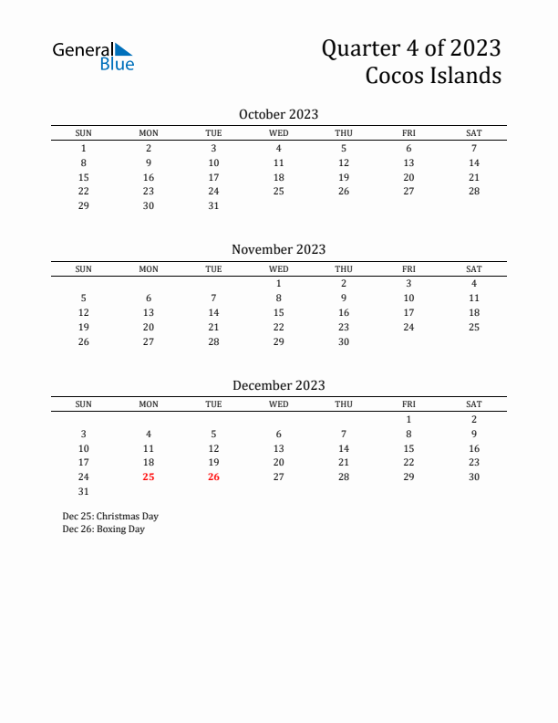 Quarter 4 2023 Cocos Islands Quarterly Calendar