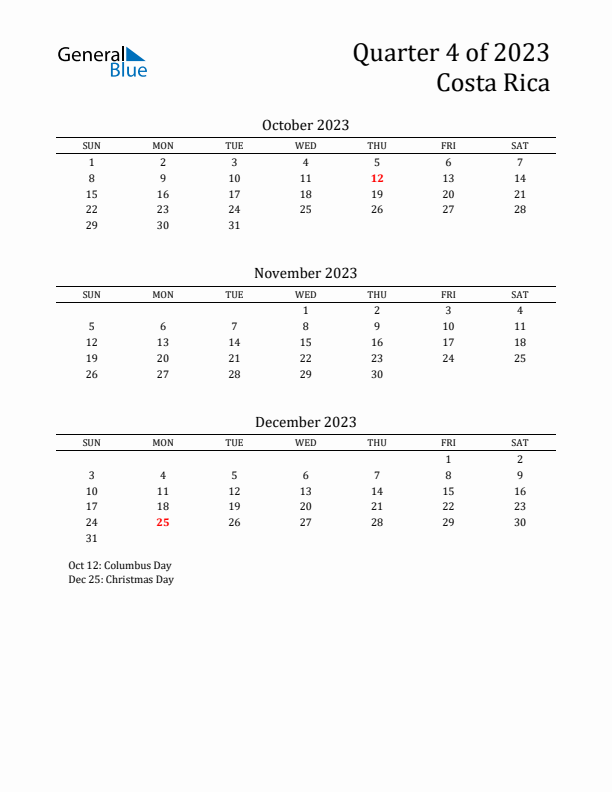 Quarter 4 2023 Costa Rica Quarterly Calendar