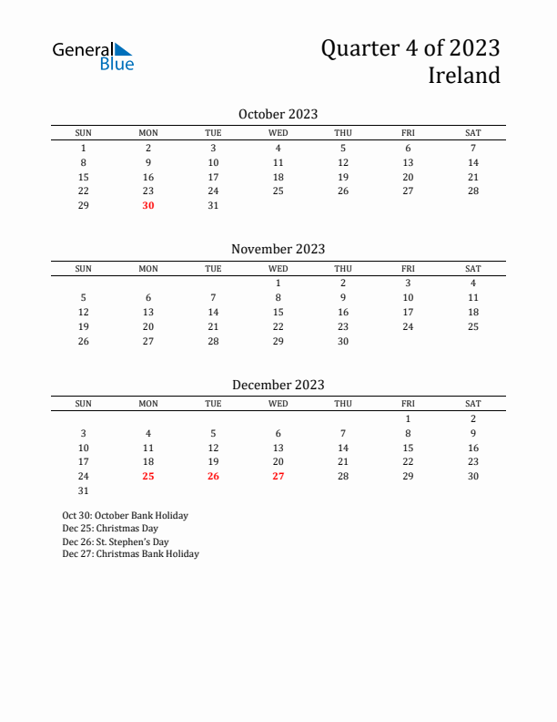 Quarter 4 2023 Ireland Quarterly Calendar