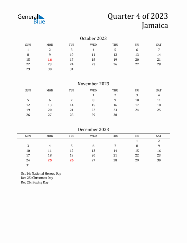 Quarter 4 2023 Jamaica Quarterly Calendar