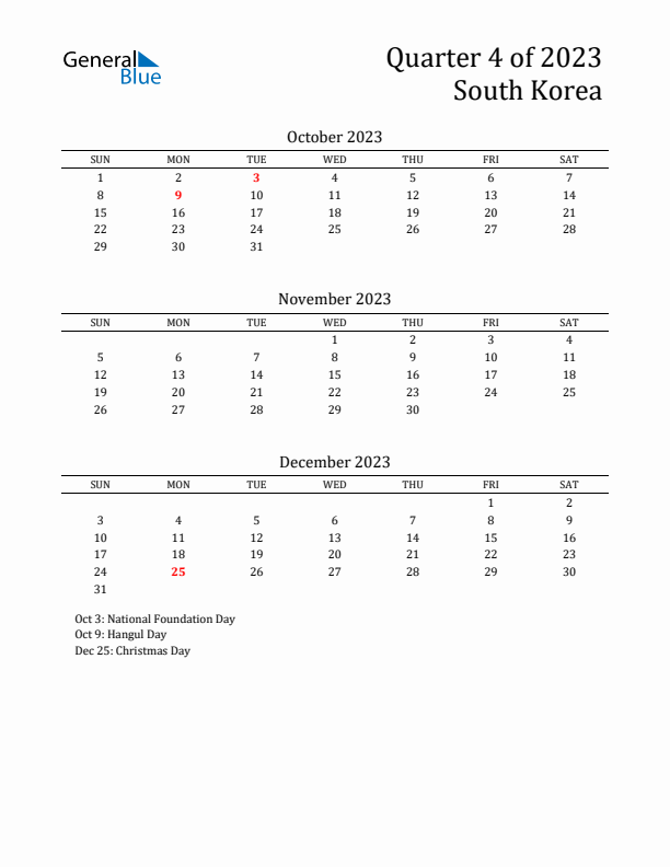 Quarter 4 2023 South Korea Quarterly Calendar