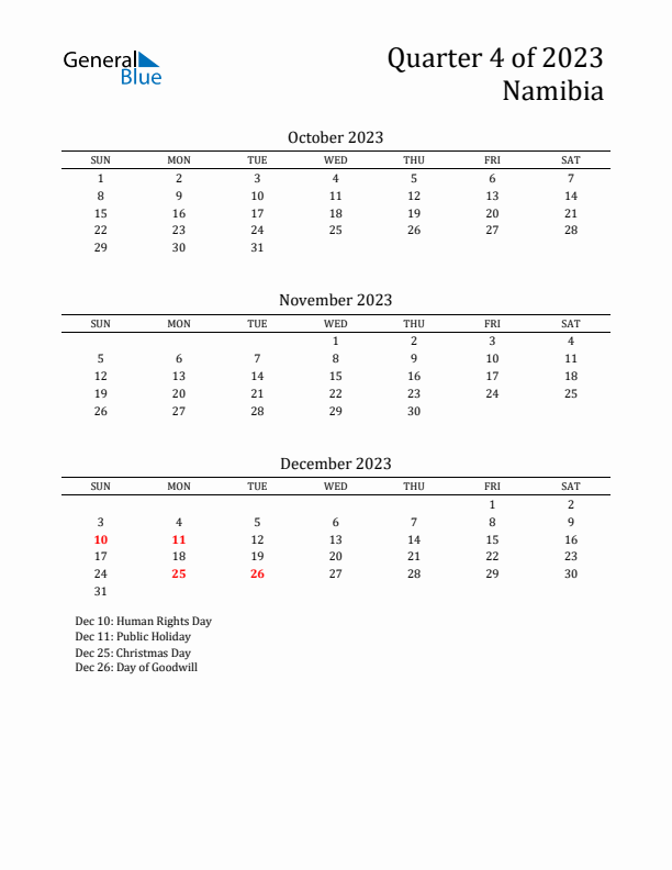 Quarter 4 2023 Namibia Quarterly Calendar