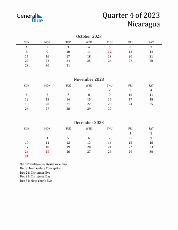 Quarter 4 2023 Nicaragua Quarterly Calendar