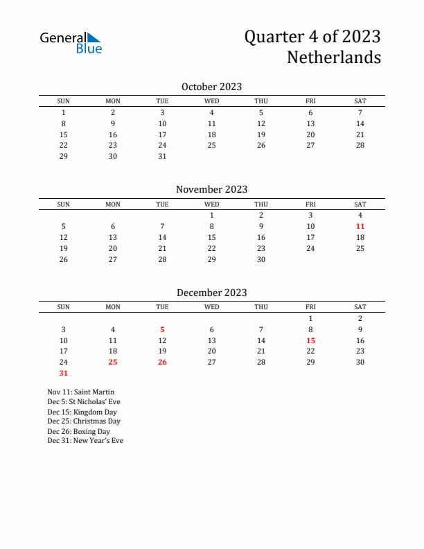 Quarter 4 2023 The Netherlands Quarterly Calendar