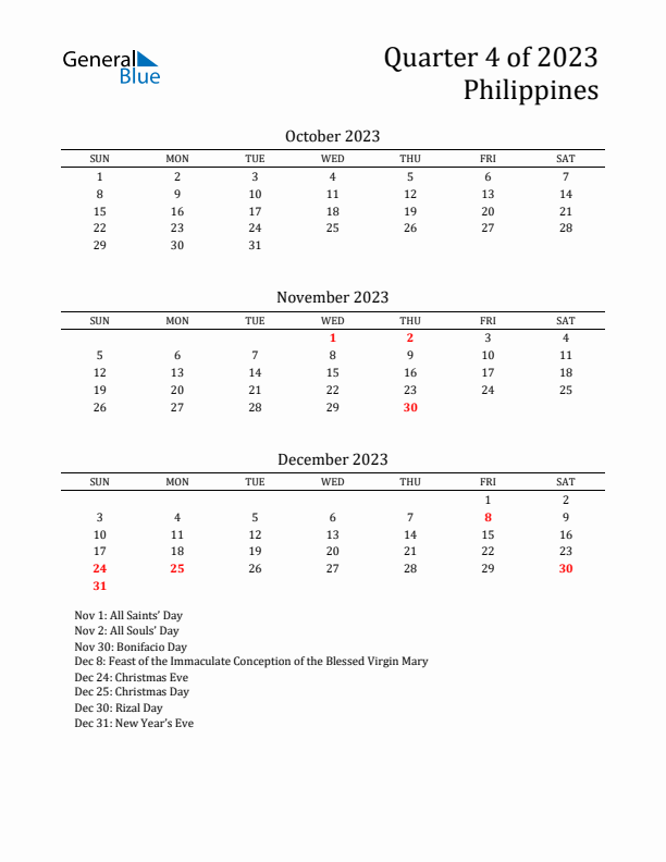 Quarter 4 2023 Philippines Quarterly Calendar