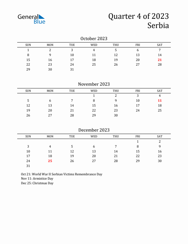 Quarter 4 2023 Serbia Quarterly Calendar