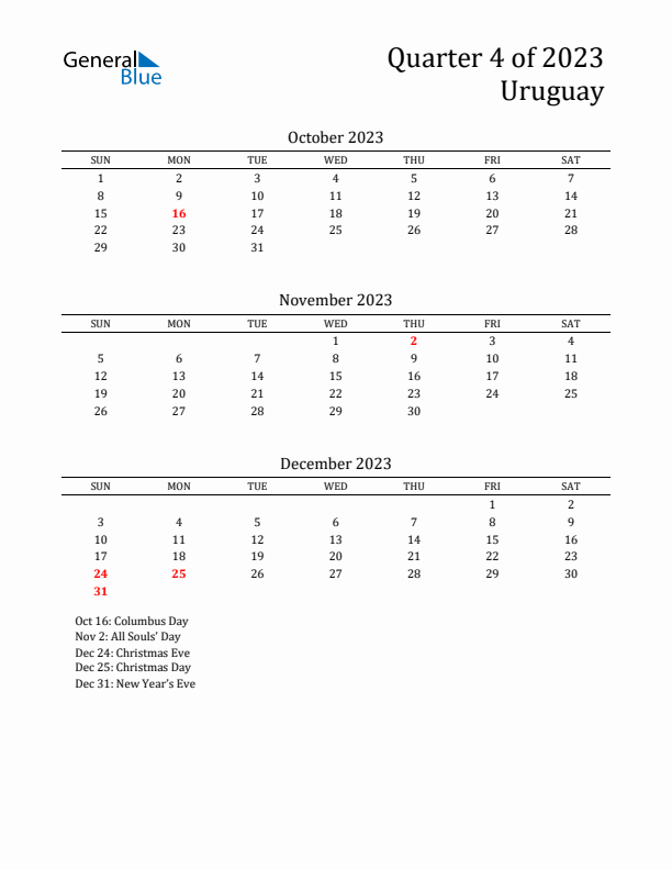 Quarter 4 2023 Uruguay Quarterly Calendar