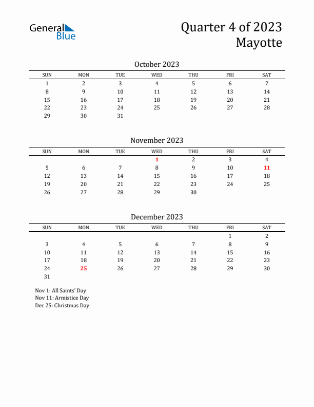 Quarter 4 2023 Mayotte Quarterly Calendar