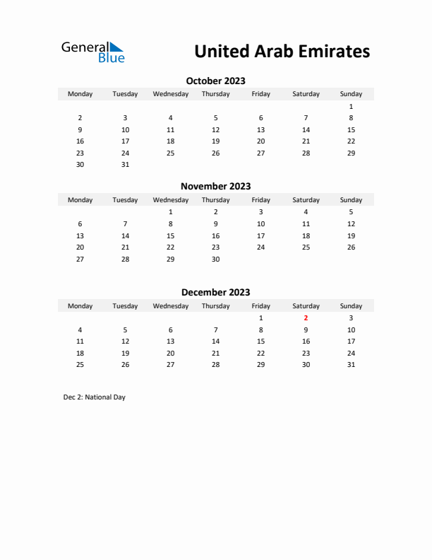 Printable Quarterly Calendar with Notes and United Arab Emirates Holidays- Q4 of 2023