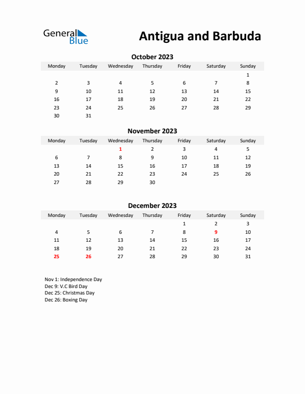 Printable Quarterly Calendar with Notes and Antigua and Barbuda Holidays- Q4 of 2023