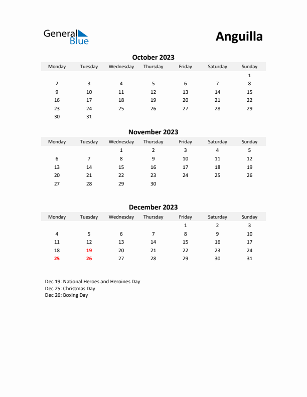 Printable Quarterly Calendar with Notes and Anguilla Holidays- Q4 of 2023