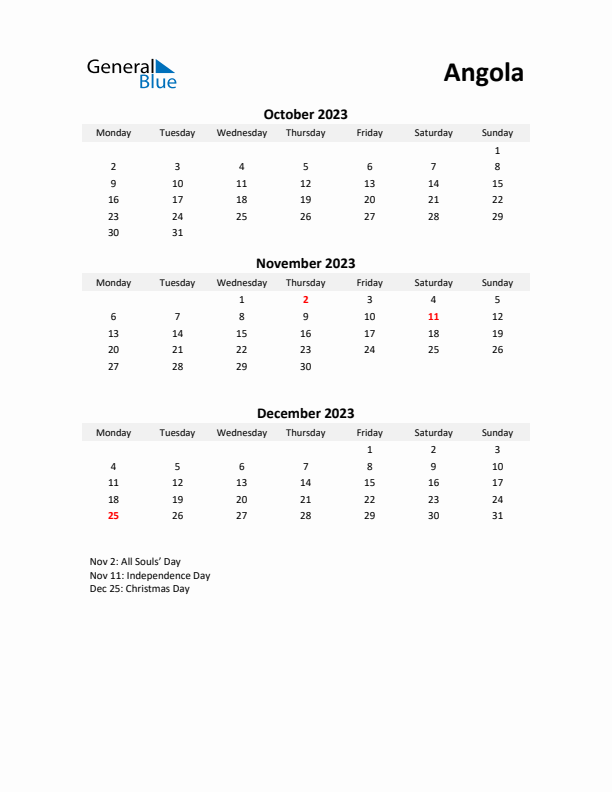 Printable Quarterly Calendar with Notes and Angola Holidays- Q4 of 2023