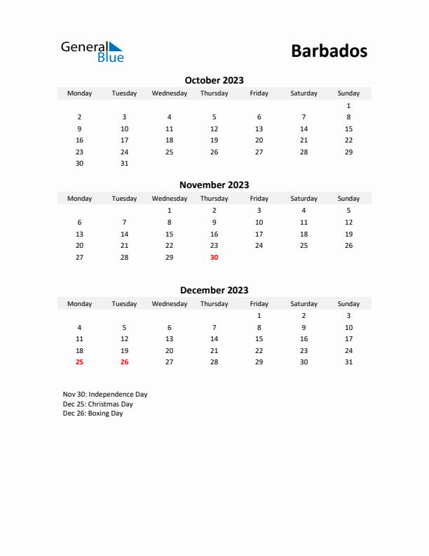 Printable Quarterly Calendar with Notes and Barbados Holidays- Q4 of 2023