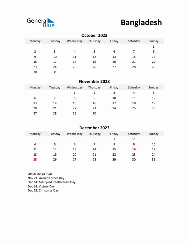 Printable Quarterly Calendar with Notes and Bangladesh Holidays- Q4 of 2023