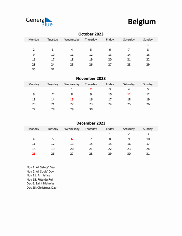 Printable Quarterly Calendar with Notes and Belgium Holidays- Q4 of 2023