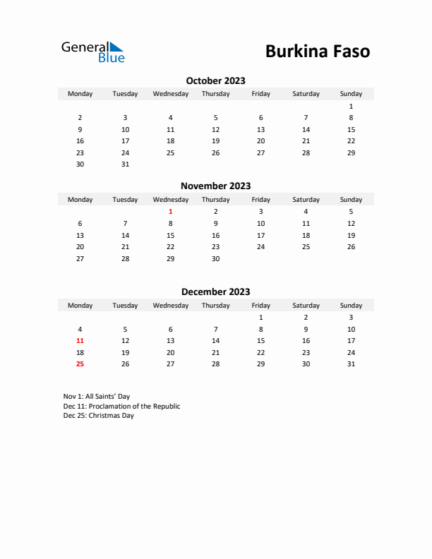 Printable Quarterly Calendar with Notes and Burkina Faso Holidays- Q4 of 2023