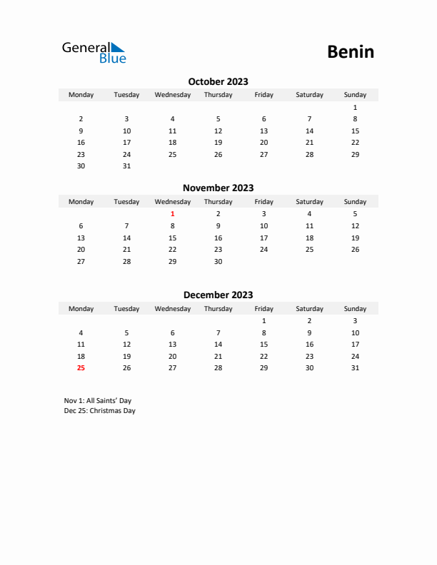 Printable Quarterly Calendar with Notes and Benin Holidays- Q4 of 2023