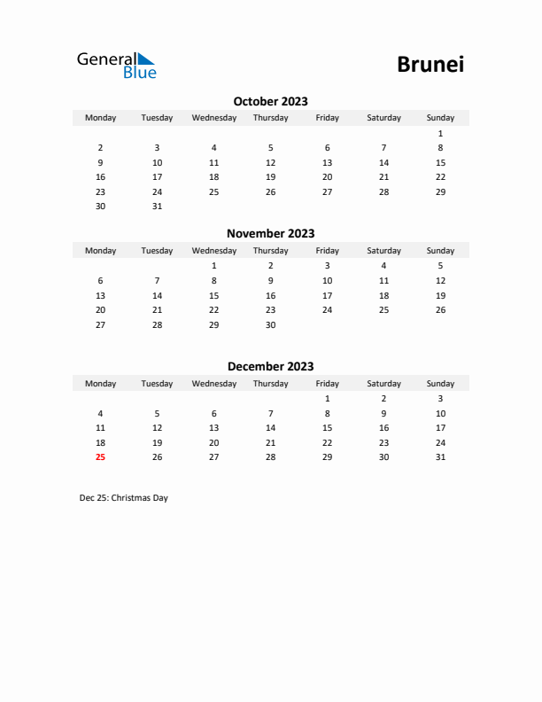 Printable Quarterly Calendar with Notes and Brunei Holidays- Q4 of 2023