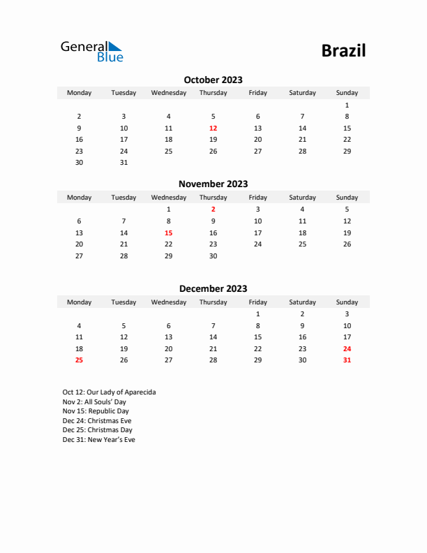 Printable Quarterly Calendar with Notes and Brazil Holidays- Q4 of 2023