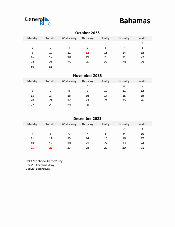 Printable Quarterly Calendar with Notes and Bahamas Holidays- Q4 of 2023