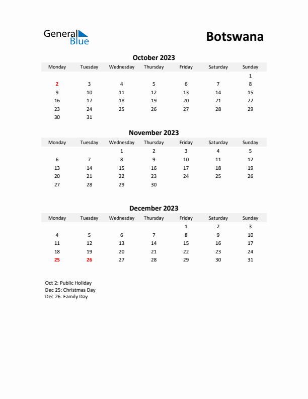 Printable Quarterly Calendar with Notes and Botswana Holidays- Q4 of 2023