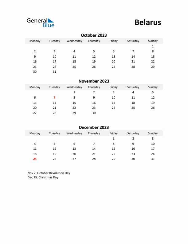 Printable Quarterly Calendar with Notes and Belarus Holidays- Q4 of 2023