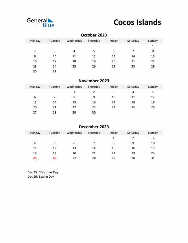 Printable Quarterly Calendar with Notes and Cocos Islands Holidays- Q4 of 2023