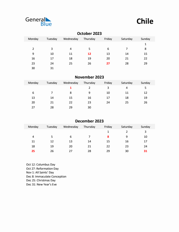 Printable Quarterly Calendar with Notes and Chile Holidays- Q4 of 2023