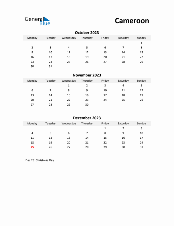 Printable Quarterly Calendar with Notes and Cameroon Holidays- Q4 of 2023