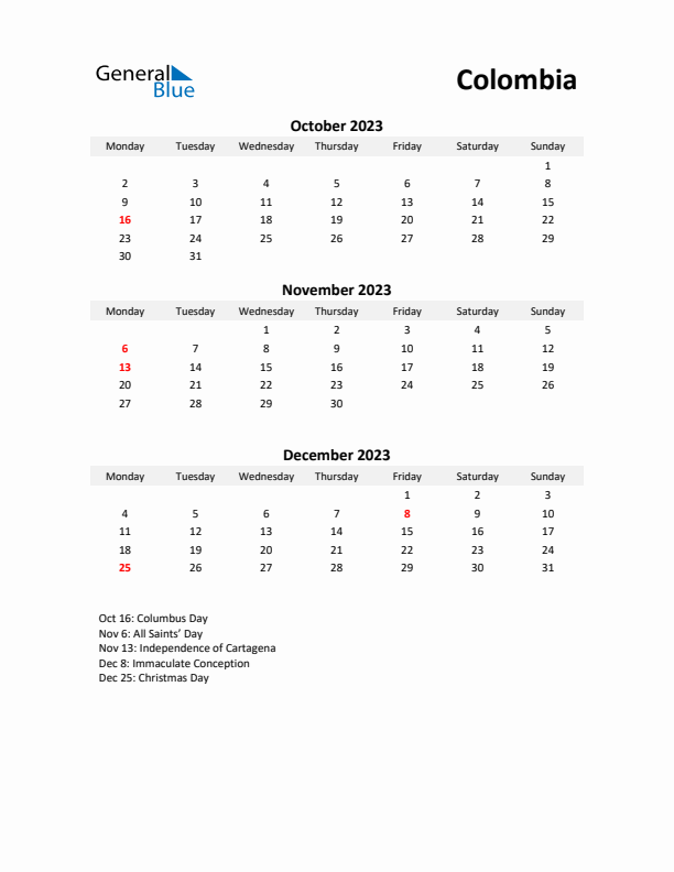 Printable Quarterly Calendar with Notes and Colombia Holidays- Q4 of 2023