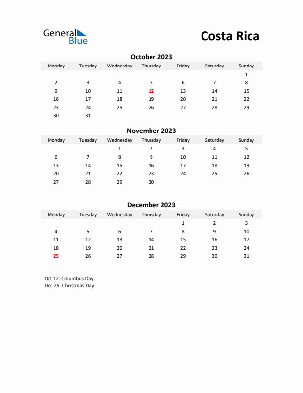 Printable Quarterly Calendar with Notes and Costa Rica Holidays- Q4 of 2023