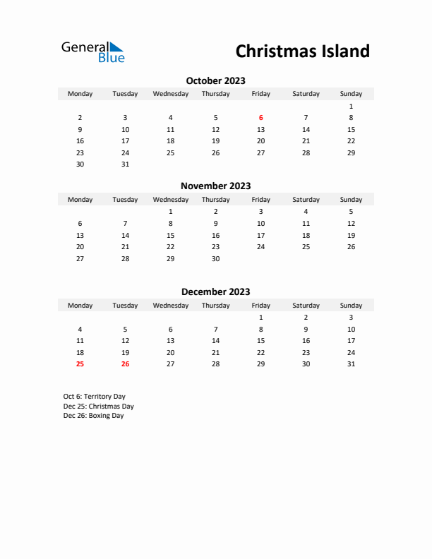 Printable Quarterly Calendar with Notes and Christmas Island Holidays- Q4 of 2023