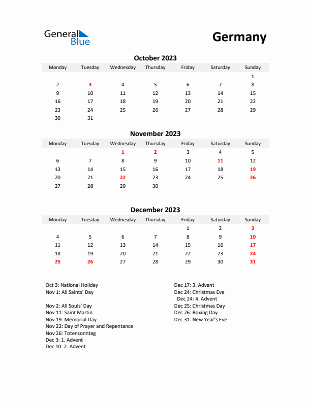 Printable Quarterly Calendar with Notes and Germany Holidays- Q4 of 2023