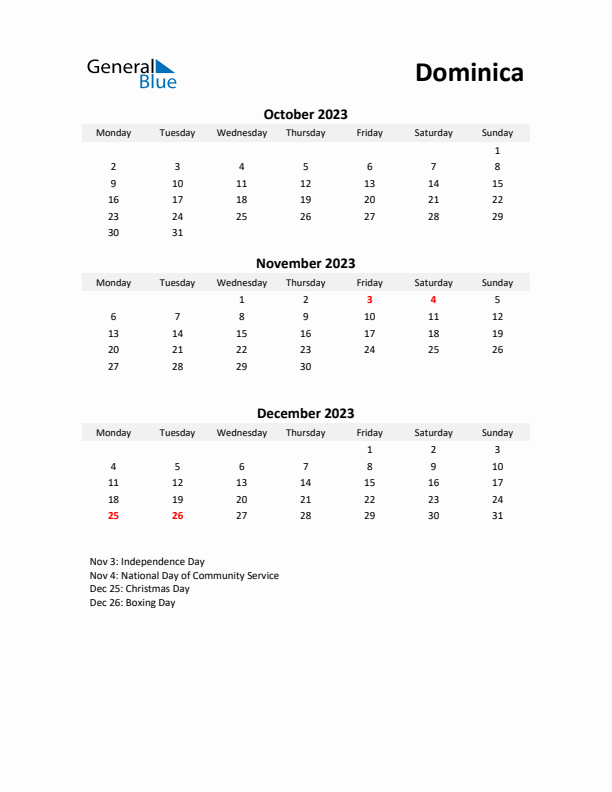 Printable Quarterly Calendar with Notes and Dominica Holidays- Q4 of 2023