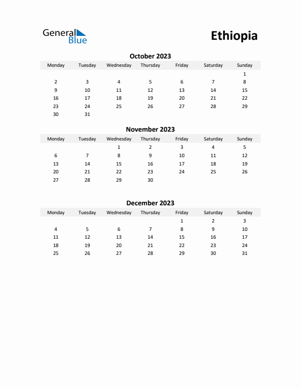 Printable Quarterly Calendar with Notes and Ethiopia Holidays- Q4 of 2023