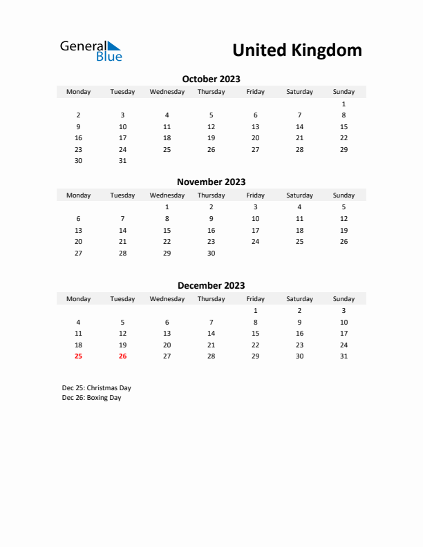 Printable Quarterly Calendar with Notes and United Kingdom Holidays- Q4 of 2023