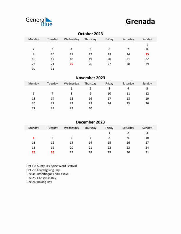 Printable Quarterly Calendar with Notes and Grenada Holidays- Q4 of 2023