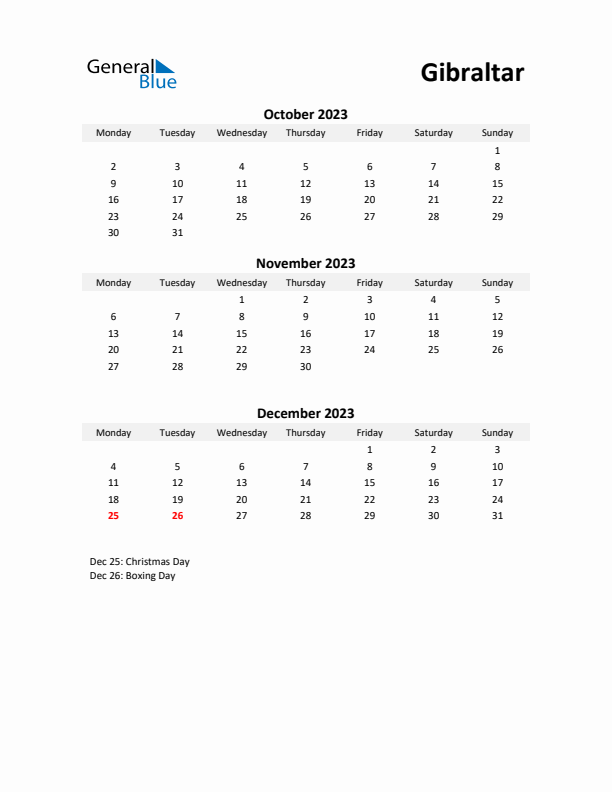 Printable Quarterly Calendar with Notes and Gibraltar Holidays- Q4 of 2023