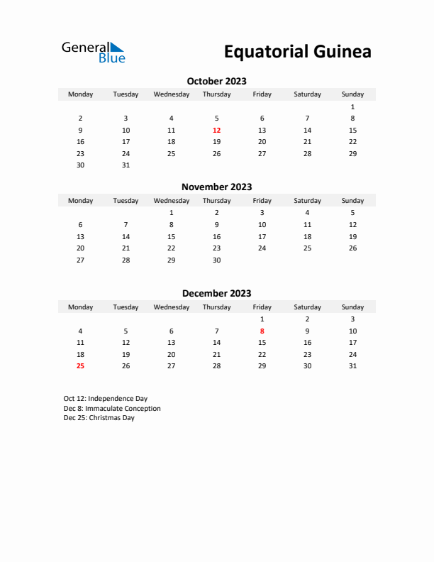 Printable Quarterly Calendar with Notes and Equatorial Guinea Holidays- Q4 of 2023